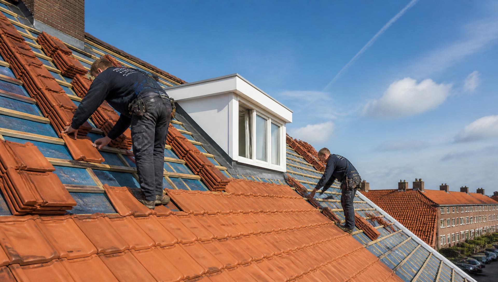 Nieuwe dakpannen worden gelegd op een schuin dak